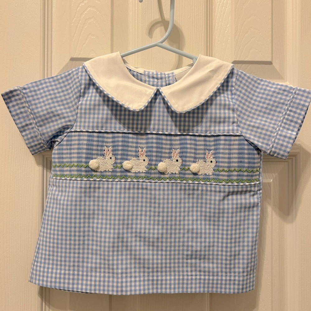 Easter smock button back top in blue gingham size 24m
